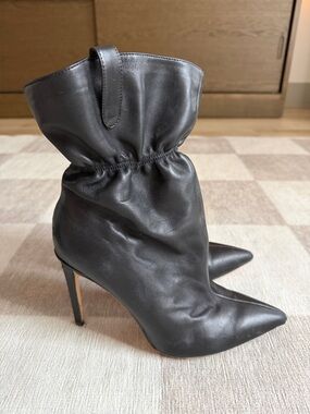 RAYE Black Pointed Heeled Ankle Boots with Gathered Shaft
